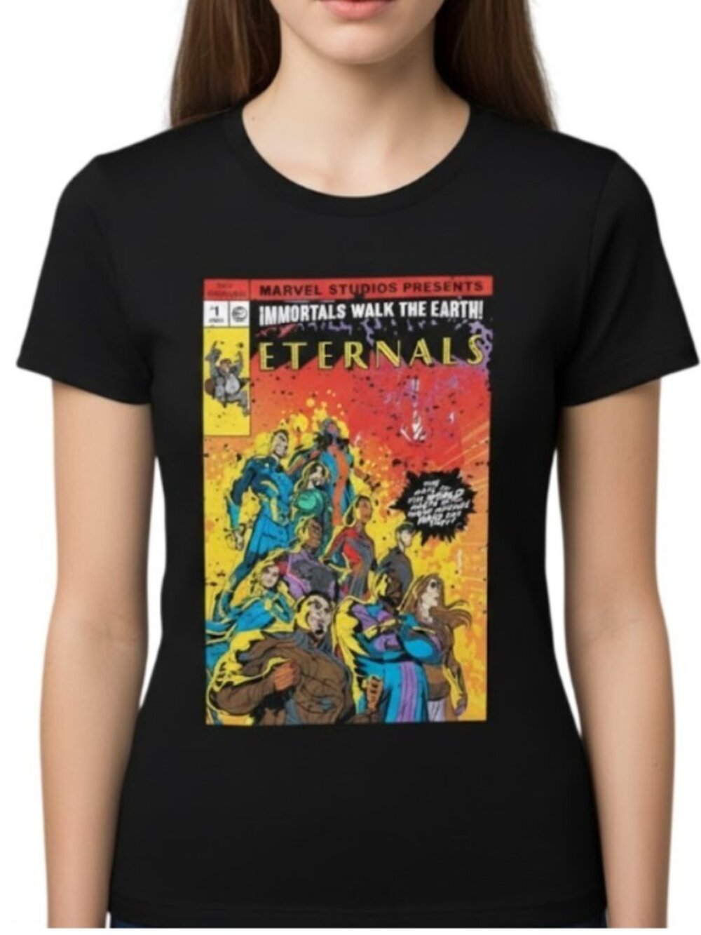 Marvel Studios Eternals Women T-Shirt Small Comic Book Graphic Tee Black NEW